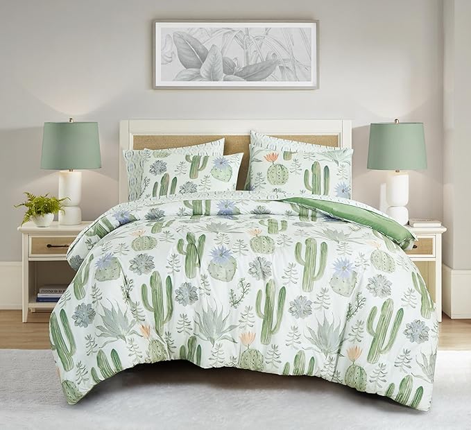 Chezmoi Collection Gregory 5-Piece Serene Lodge Bed in a Bag Twin XL Comforter Set - Green Blue Cactus Succulent Plant Printed Microfiber Bedding Set