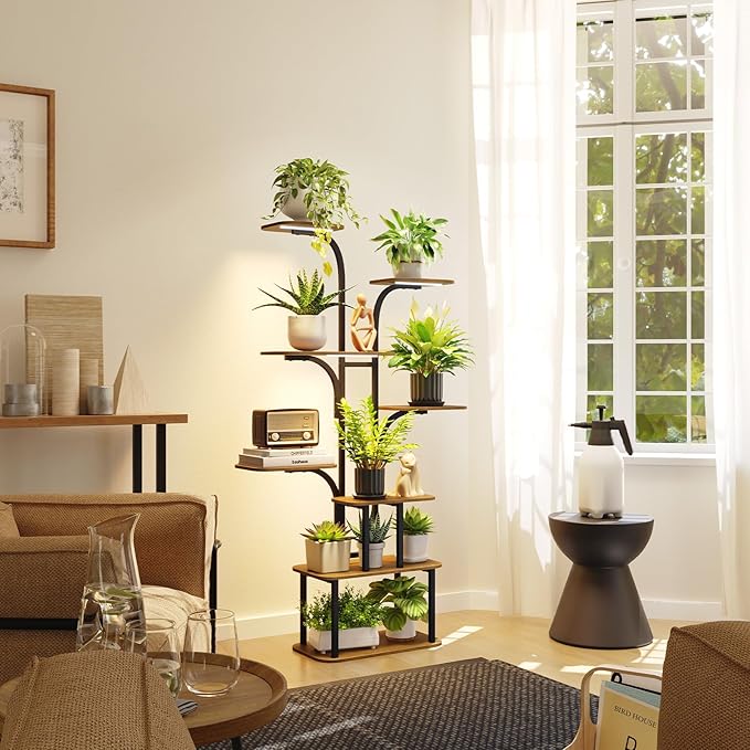 Tall Plant Stand with Grow Lights – 8 Tier 63" Metal and Wooden Indoor Flower Shelf Rack, Adjustable Large Corner Organizer for Living Room or Home Gardening Display