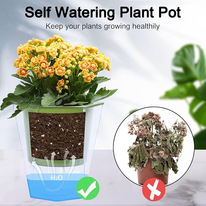 Oliz Self Watering Planter 5 Pcs, 4.5 Inch Flower Plant Pot with Transparent Inner Pot, Gardening Flowerpot with Watering Can, Indoor Self Watering Planter Pot for Herbs, Flowers (Green)