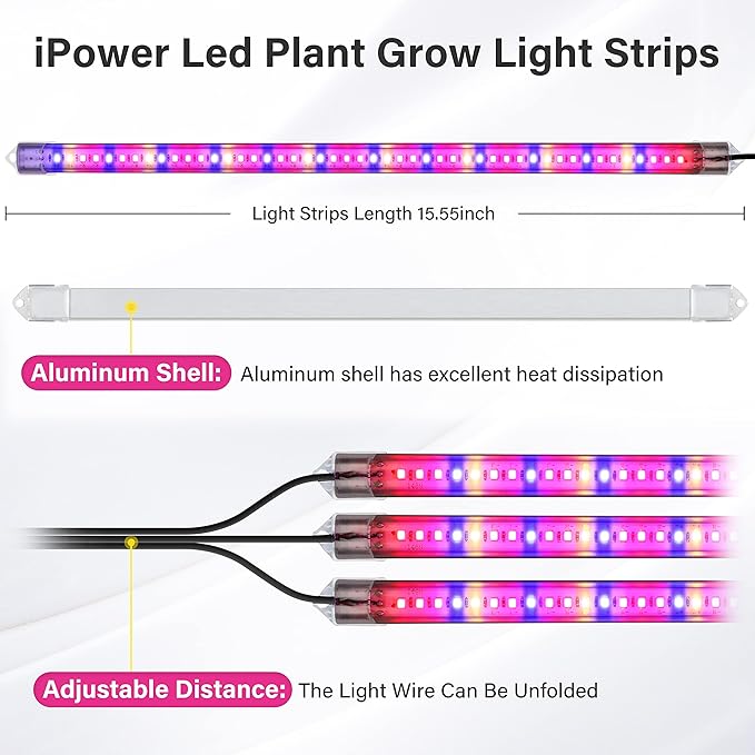 iPower 40W LED Plant Grow Light Strips Full Spectrum for Indoor Plants with Auto ON/Off 3/9/12H Timer, 10 Dimmable Levels 48 LEDs Per Tude, for Hydroponics Succulent, 3 Tubes, Mix