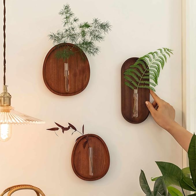 Modern Glass Test Tube Vase with Wooden Base – Wall-Mounted Floral Decor for Home and Office, Minimalist Plant Display (No Plants)