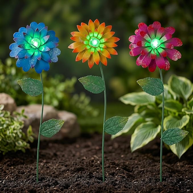 TZSSP 3-Pack Floral Garden Stakes Decor Tricolor Outdoor Glow in Dark,14 inch Metal Flowers Outdoor Decor Waterproof Metal Flower Sticks for Patio, Lawn, Yard Decorations
