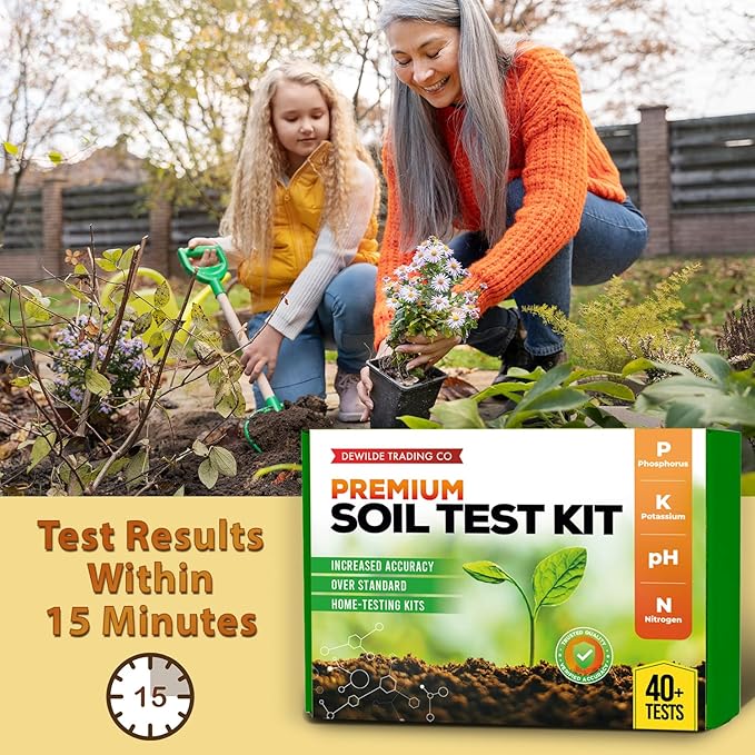 Premium Soil Test Kit: 40 Complete Tests for Lawns, Gardens, and Vegetables. Tests for Ammonia Nitrogen, pH, Phosphorus, and Potassium.