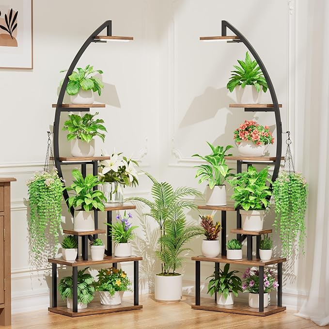 Plant Stand Indoor with Grow Lights: Large Plant Shelf for Multiple Plants, 2 Pack Plant Racks 7 Tiered, Lighted Corner Flower Stands Half Moon, Black Plant Holders Indoor Tall for Living Room Patio