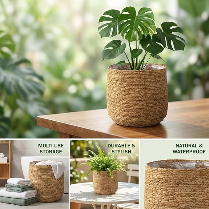 Seagrass Flower Pot, 12-Inch Rattan Planter Basket Woven Wicker Planter with Plastic Liner, Decorative Plant Pot Multipurpose Storage Bin for Home