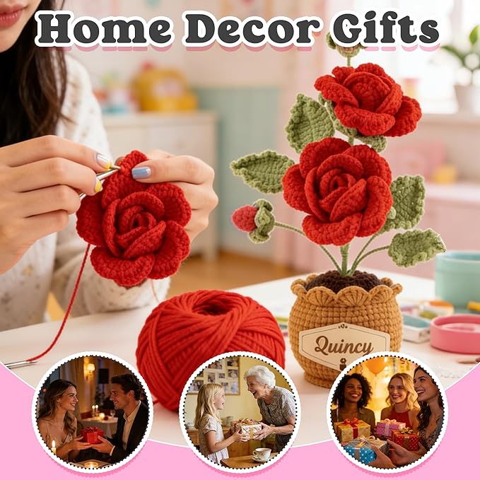 Crochet Flowers with Personalized Leather Name Tag Handmade Knitted Flowers for Home Office Desk Decor Crochet Rose Flower Potted Plant Crochet Gift for Women,Mom,Teacher, Birthday(Red)
