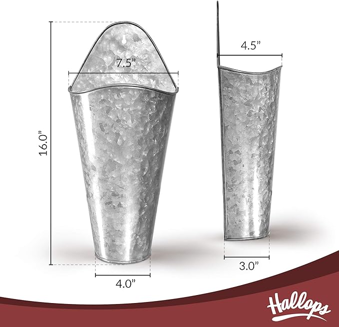 Galvanized Wall Planters - Two (2) Large Premium. Farmhouse Metal Hanging Vase. Rustic Decor. Tall Container for Easter Flowers or Planets. Tin Style Bucket or Pocket