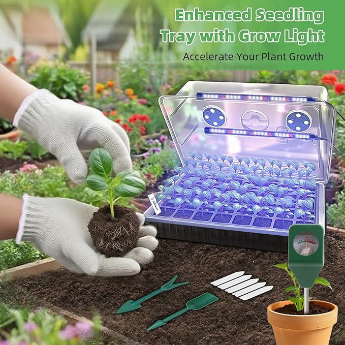 Indoor Seed Starting Kit with 60-Cell Self-Watering Tray, LED Grow Light, Timer, Humidity Dome, pH Meter for Plant Germination, Vegetables, Herbs, Flowers
