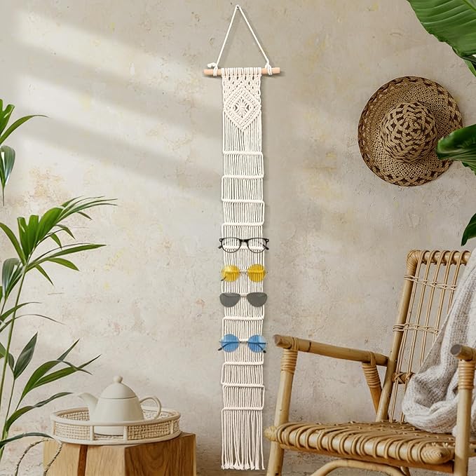 AceOrbit Macrame Sunglasses Holder Boho Wall-Mounted Hanging Sunglasses Organizer Vertical Woven Glasses Holder Display Storage Rack for Bohemian Bedroom Home Office Decor(Stylish Style,White)