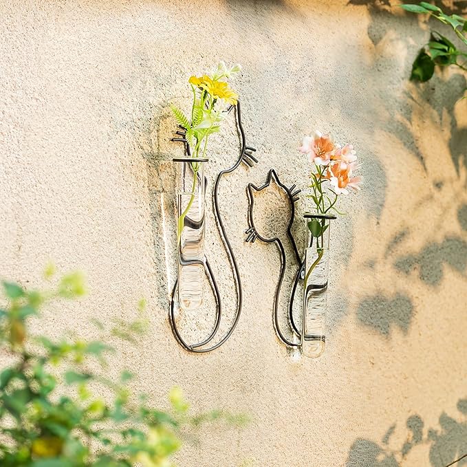 Wall Propagation Stations for Indoor Plants: Cat Design Glass Terrarium Planter Tubes for Cuttings Air Plants Small Flower Pothos Bud Vase - Gift for Women Plant Lovers