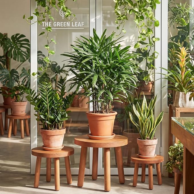 Pinkunn 3 Pcs Wood Plant Stand Indoor Plant Stand for 3-12 Inch Pots Mid-century Modern Plants Stool Plants Pot Holder Home Decor for Balcony Living Room Office Courtyard Detachable(Round Style)