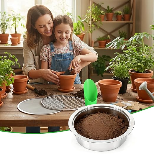 Kifmurase Stainless Steel Soil Sifter for Gardening, Sand Sifter Tool with Interchangeable Mesh Screens(1,3,6,9,12mm) and Scoop Shovel, Bonsai Soils Scoops Set, Garden Sieve Soils Sifters for Gravel