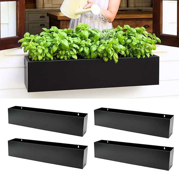 LaLaGreen Wall Planters for Outdoor Plants (30 Inch, 4 Pack) Carbon Steel Black Metal Hanging Flower Pots Outdoor for Succulents, Wall Mount Rectangular Long Window Sill Box Fence Deck Garden Decor