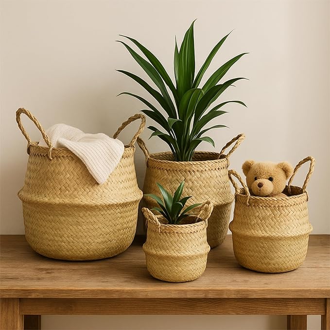 Seagrass Plant Basket Set of 3 with Handles – Handwoven Woven Basket Planter, Indoor Plant Basket & Plant Holder Basket, Natural Fiber Wicker Plant Pot Basket for Boho Farmhouse Home Decor