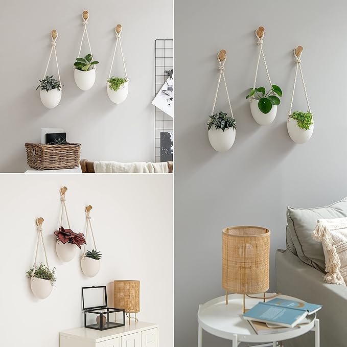 Kazai. Porcelain Wall Vases | 3 Piece Set | Including Wooden Hooks | Matte White