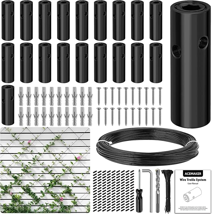 Wire Trellis for Climbing Plants Outdoor, 20-Set Wall Wire Trellis Kit with 1/8in x 98ft Vinyl Coated Cable, Black T316 Cylindrical Espalier System for Fence and Garden DIY Projects