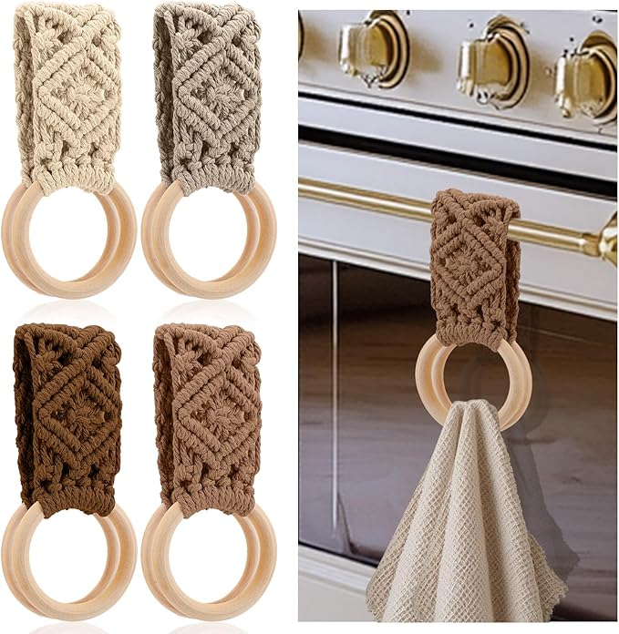 Tioncy 4 Pcs Kitchen Dish Towel Holder Boho Handmade Crochet Hanging Towels Loop Ring Knit Towel Hanger for Cabinet House Oven Stove Door, 4 Colors(Brown)