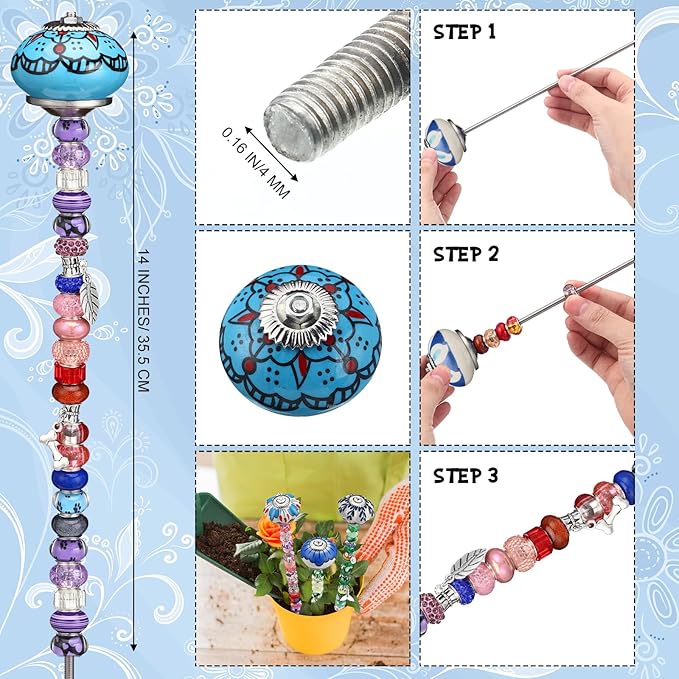 Silipull 255 Pcs 14 Inch Christmas Garden Stakes Decorative Blue and White Porcelain Ceramic Round Beaded Garden Stakes Decor Fairy Sticks for Indoor Outdoor Yard Lawn Pathway Patio Decoration