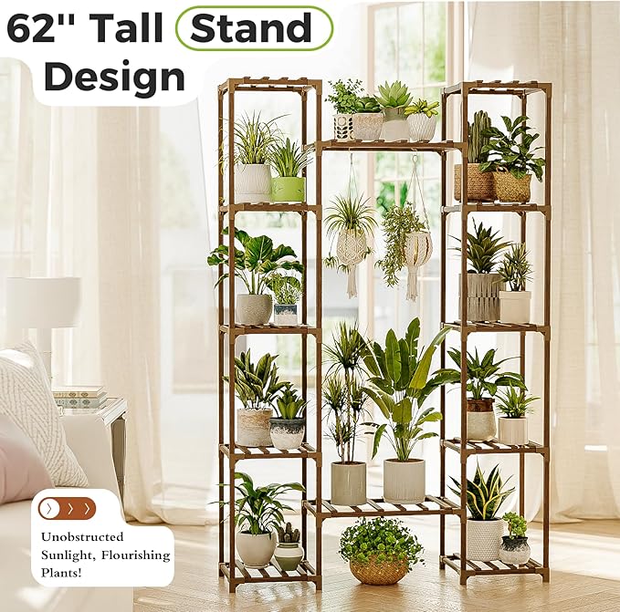 Bamworld Widened Plant Stand Indoor Outdoor 12 Tier Tall Large Wood Plant Shelf Multi Tier Flower Stands Garden Shelves Wooden Plant Display Holder Rack for Living Room Corner