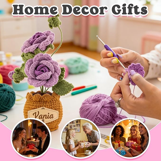 Crochet Flowers with Personalized Leather Name Tag Handmade Knitted Flowers for Home Office Desk Decor Crochet Rose Flower Potted Plant Crochet Gift for Women,Mom,Teacher, Birthday(Purple)