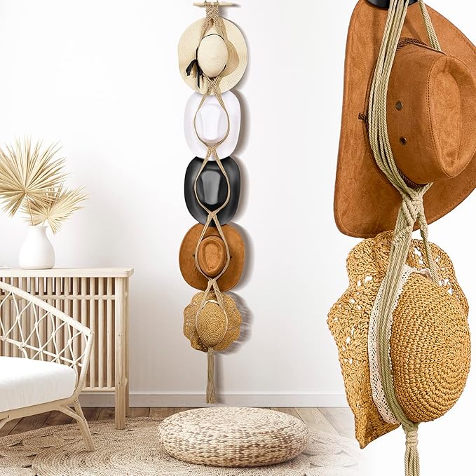 Yulejo Macrame Hat Hangers Boho Hat Rack Cowboy Hat Hanger Back of Door Hat Organizer (Beige,Five Hats Style)
