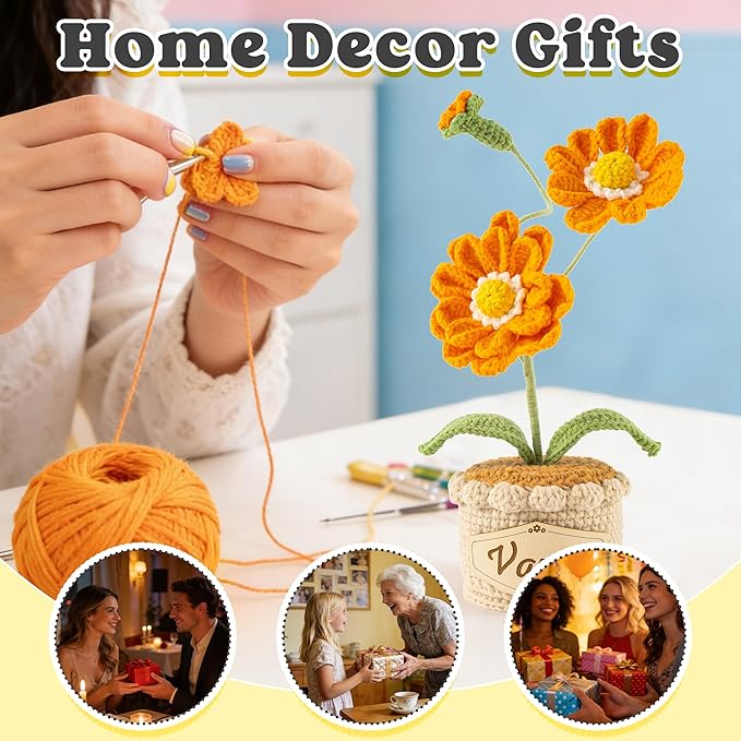 Crochet Flowers with Personalized Leather Name Tag Handmade Knitted Flowers for Home Office Desk Decor Crochet Zinnia Potted Plant for Women Crochet Everlasting Flower Birthday Gifts(Orange)