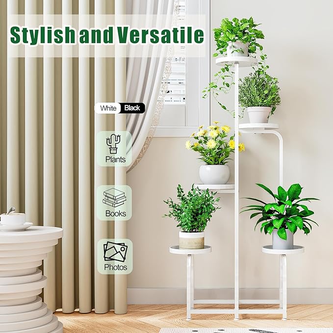 INGIORDAR Plant Stand Indoor Outdoor 5 Tier Metal Plant Shelf for Multiple Plants Corner Flower Holders for Living Room Balcony Bedroom Patio Garden, Black (White, 5-Tier)