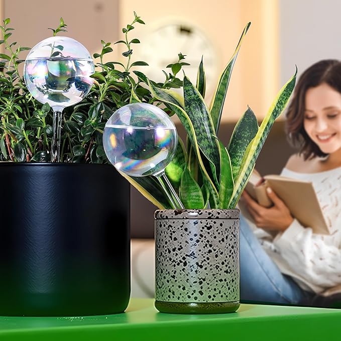 Soilagua 13 oz Up 2 Weeks Extra Large Plant Watering Globes, Iridescent Rainbow Glass Water Bulbs, Self Watering Planter Insert, Vacation Plant Watering Devices System, Automatic Plant Waterer, 2 Pack