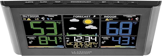 La Crosse Technology Weather Station with Customizable Alerts, Weather Forecast, Temperature, Dew Point, Humidity, Time, Heat Index, Large Display, Adjustable Brightness, Wireless, Black, C85845-INT