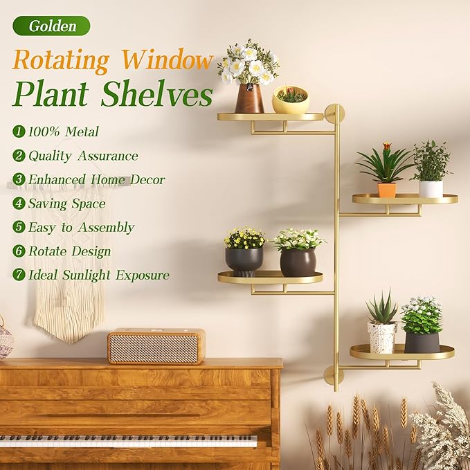 YQSLYSF Window Rotating Plant Stand Shelf Indoor Gold Metal Floating Shelves 4-Tier Wall Mount Plant hanger Holders for Wall Planter Modern Home Decor window sill gifts