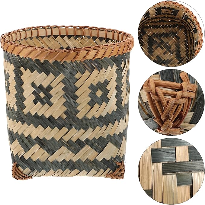 Zerodeko Rattan Trash Can Willow Wastebasket Round Wicker Storage Baskets Woven Picnic Laundry Hamper Seagrass Planter Woven Flower Pot Garbage Bin Rustic Decor 21cm