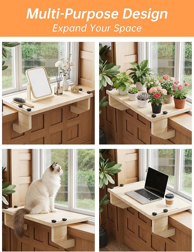 NiHome Wooden Window Sill Extender for Plants, No Drill Window Ledge Extender & Plant Shelf, Easy Installation Renter Friendly 21.2" x 11.8" Sill Extender