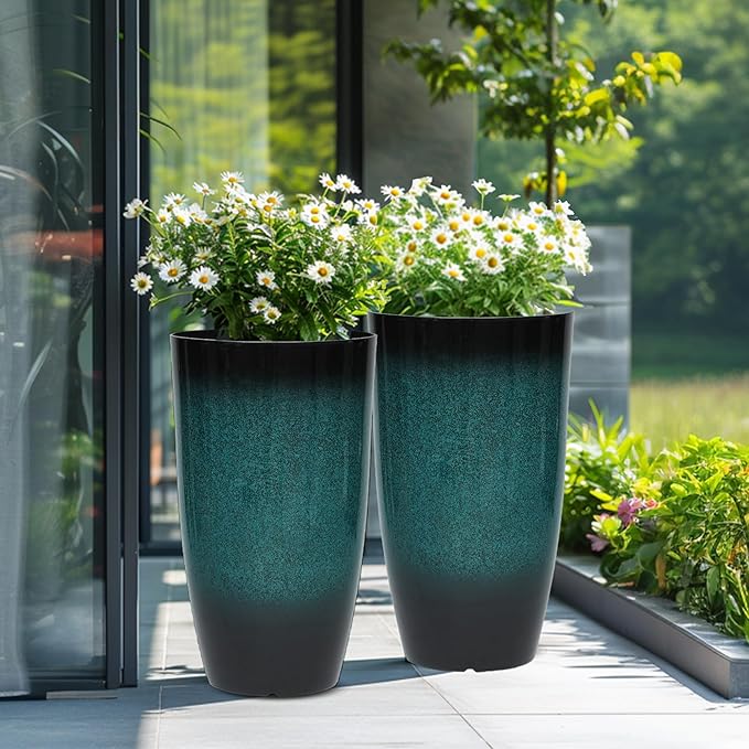 Autodaya 23.8" Tall Outdoor Planters Set of 2, Ceramic-Look Large Flower Pots for Indoor Outdoor Plants, All Seasons for Porch, Balcony, Garden, Patio or Home Art Decor, Gradient Turquoise Finish