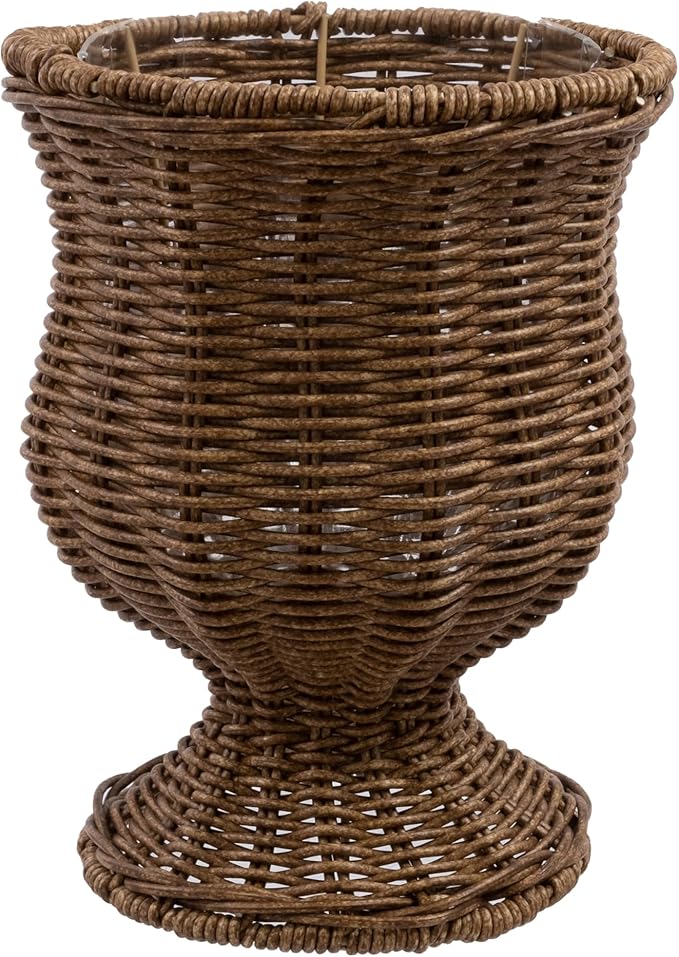 8 Inch Goblet Planter, Woven Rattan Look Resin Flower Pot with Metal Frame, Brown