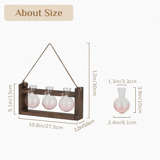 Plant Propagation Station with Wood Stand - Wall Glass Terrarium for Cuttings Air Plants Small Flower Pothos - Gift for Women Plant Lovers (Gradient Pink)