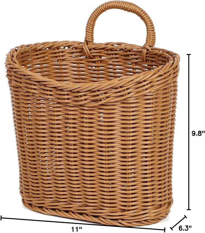 Woven Hanging Wicker Basket for Front Door, Handmade Rattan Hanging Wall Baskets for Garden Farmhouse Home