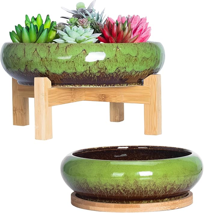 Succulent Planters, Large Succulent Pots with Drainage Bamboo Trays Colorful Bonsai Pots with Stand Ceramic Flower Pot Set of 2, Round Cactus Pot for Indoor Plants (7.3 and 10'')