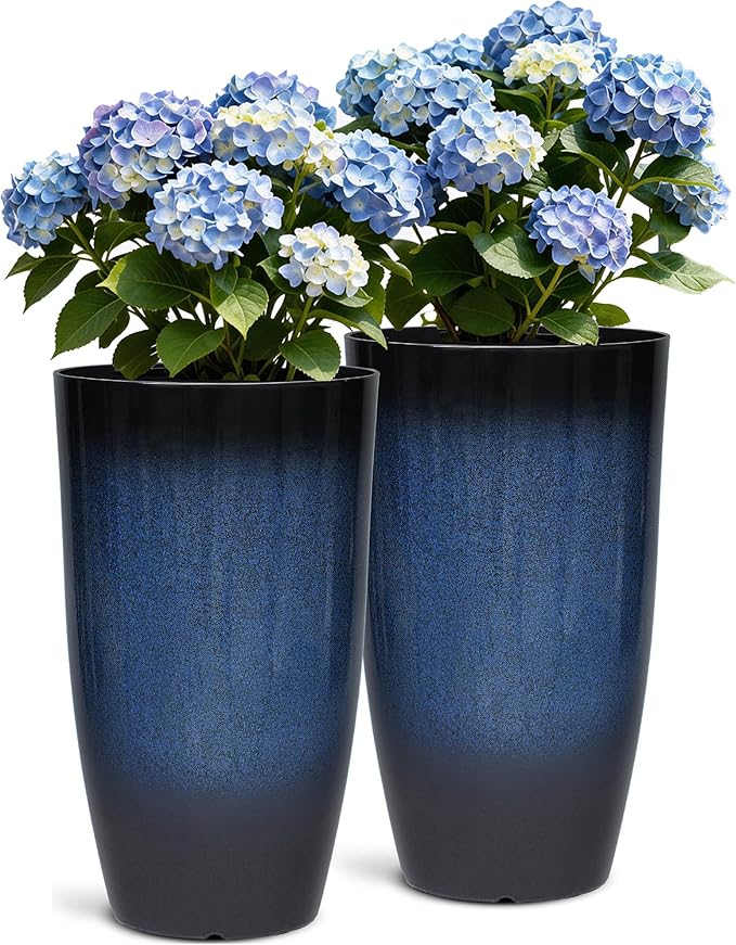Autodaya 23.8" Large Tall Planters Set of 2 Plant Pot Plastic Flower Pots Outdoor Gradient Cobalt Blue Finish Front Porch Decor Pot Weather-Resistant & Lightweight for Garden, Patio, Deck, Indoor