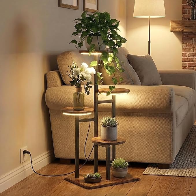 4 Tier Plant Stand Indoor with Grow Light, Tiered Plant Stands for Indoor Plants Multiple, Corner Flower Stand for Living Room, Multi-Layer Vintage Design Plant Shelf