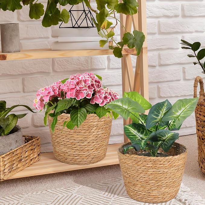 FOMIYES Woven Straw Flower Basket, Seagrass Planters Pot, Garden Plant Pot Containers Wicker Rattan Vase Sundries Organizer Storage Bins for Indoor Outdoor Plants