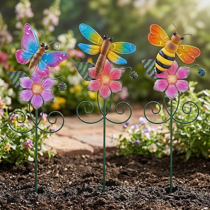 Topadorn Floral Garden Stakes Outdoor Plant Pick Waterproof Metal Flower Garden Stakes for Lawn Yard Patio,Pathway and Planter Pot Decor,Set of 3,Bee,Butterfly and Dragonfly