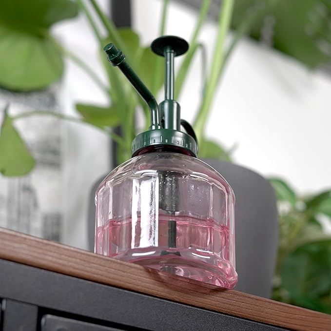 Houseplant Mister Spray Bottle – 180ml Pink Glass Plant Sprayer with Green Lid – Fine Mist for Humidity Control – Stylish Indoor Plant Care Accessory – Ergonomic and Leakproof Design