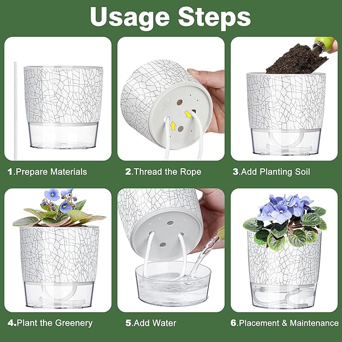 Self Watering Pots for Indoor Plants, 4/5.5/6.3 Inch Plant Pots Indoor Outdoor with Drainage Holes, Deep Reservoir, Plastic Self Watering Flower Pots