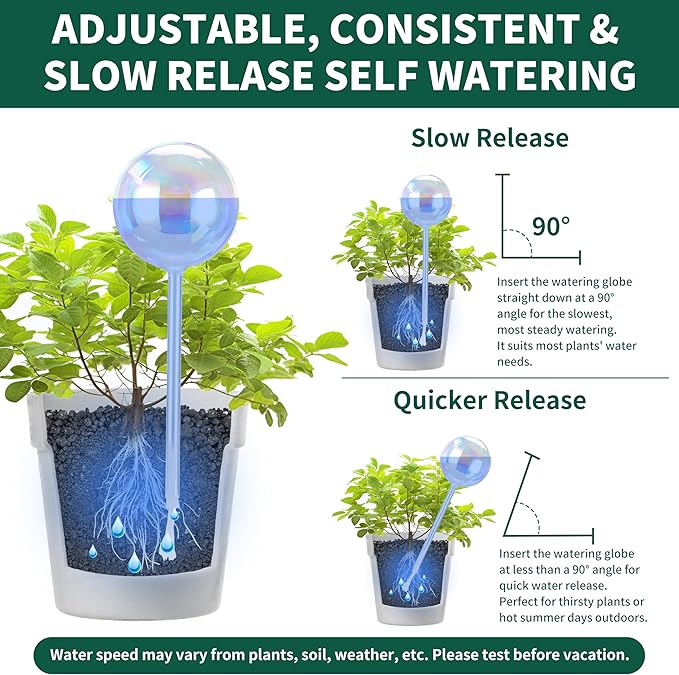 Soilagua 6.4 oz Medium Plant Self Watering Globes, Light Iridescent Glass Water Bulbs for Indoor Plants, Vacation Watering System, Plant Watering Spikes Stakes, Automatic Plant Waterer, 4 Pack