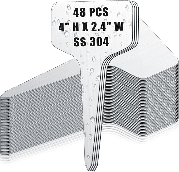 Hicarer 48 Pcs Metal Plant Labels Weatherproof Garden Markers 4" x 2.4" Engraving Stainless Steel 304 T-Type Plant Tags Reusable Nursery Tags for Outdoor Garden Greenhouse Vegetables Herb Flower Seed