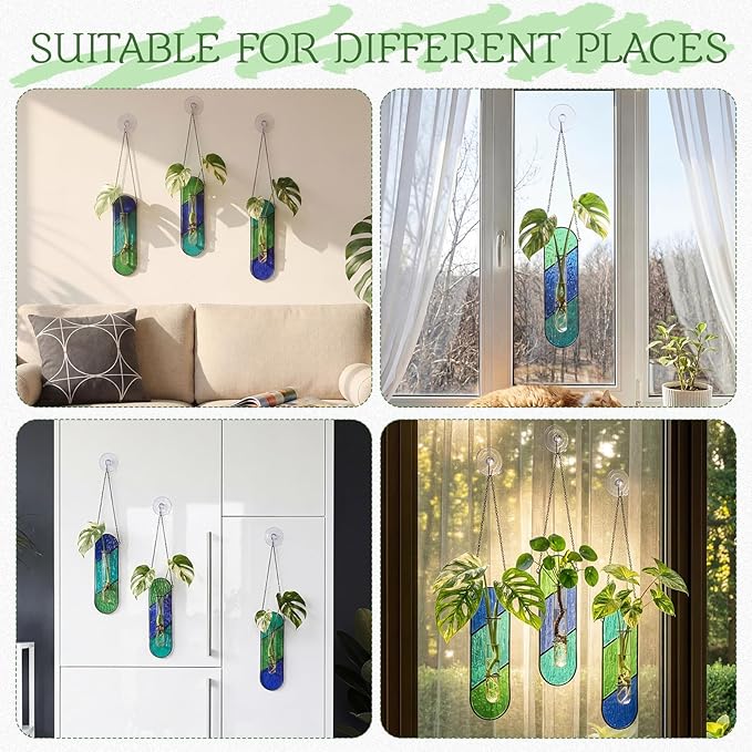 Hushee 3 Pcs Stained Glass Plant Propagation Station Hanging Window Propagation Station Planters with Glass Tubes Hydroponic Planter Terrarium Holder Window Decor for Indoor Home Garden Decor