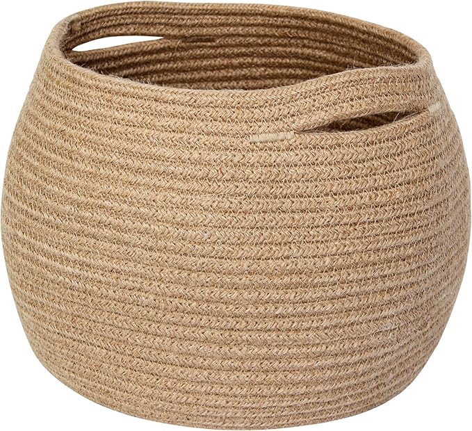 MEGASKET Decorative Wicker Storage Basket, 11" x 9" Indoor Plant Basket for Home Decor, Round Woven Dog Cat Toy Bin with Handle, Bathroom Towel Storage, Jute Planter Holder, Shelf Closet Organizer