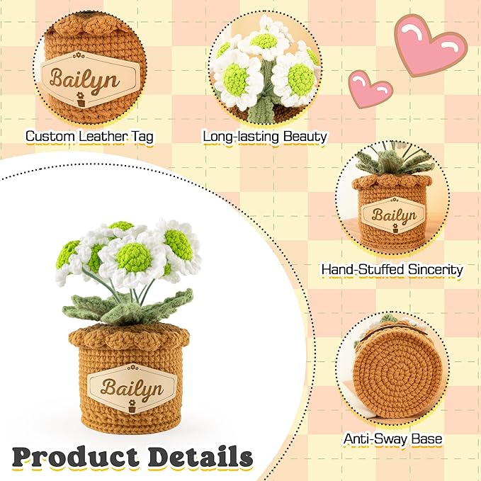 Crochet Flowers with Personalized Leather Name Tag Handmade Knitted Flowers for Home Office Desk Decor Crochet Daisy Potted Plant Crochet Gift for Women,Mom,Teacher, Friend, Birthday(White)