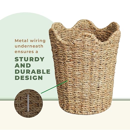 84ECO 2-Pack Scalloped Seagrass Waste Baskets for Bathroom, Bedroom, Office - Scalloped Decor