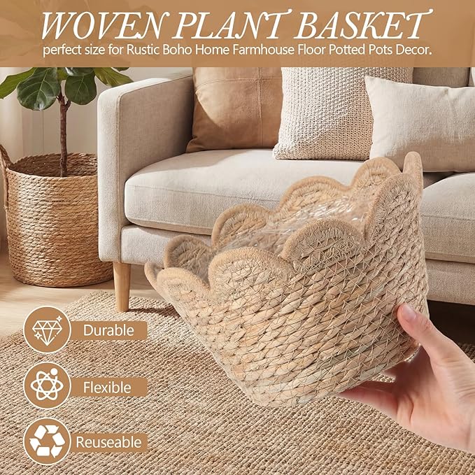 AceOrbit 6 Pcs Scalloped Seagrass Plant Basket with Plastic Liners Rattan Woven Plant Basket Wicker Planter for Indoor Outdoor Flower Pots Cover and Rustic Farmhouse Boho Room Decor (Medium)